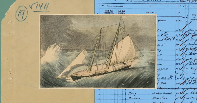 Anthropic illustration of a sailing ship in rough seas over an old handwritten ledger