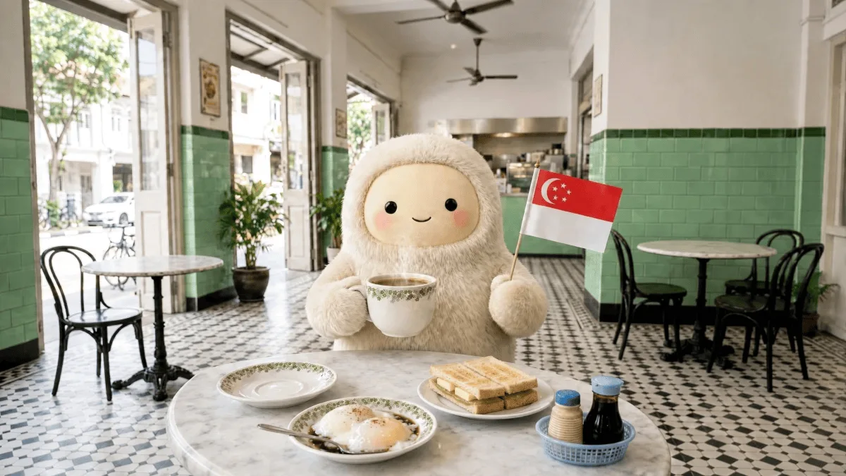 Meta Muse mascot at a cafe table in Singapore with kaya toast, soft-boiled eggs and a Singapore flag