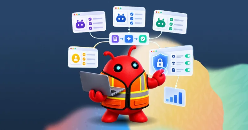 Illustration of a robot holding a laptop surrounded by connected workflow and security panels