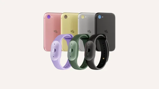 Amazon product photo: three Bee Frontier wristbands in front of four Bee Eclipse phone attachments
