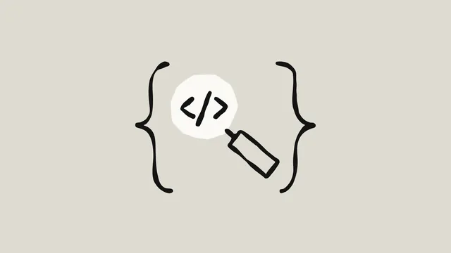 Black curly braces around a magnifying glass with a code slash icon, on a light cream background