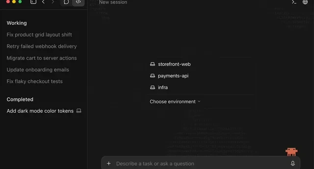 Frame from @ClaudeDevs's video: the Claude Code desktop app's new-session screen with recent folders storefront-web, payments-api and infra above a Choose environment menu, next to a sidebar of working and completed sessions