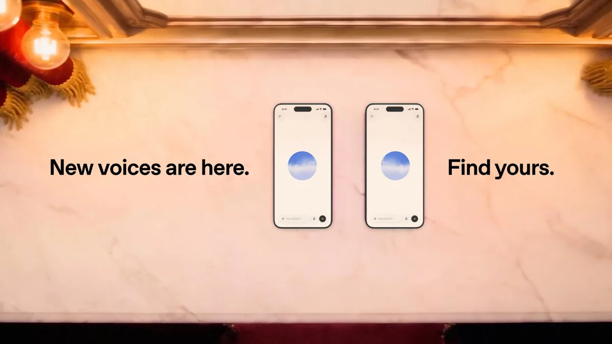 OpenAI promo still of two phones on a pink marble counter, each showing the ChatGPT Voice screen with a blue sky-like orb, between the words "New voices are here." and "Find yours."