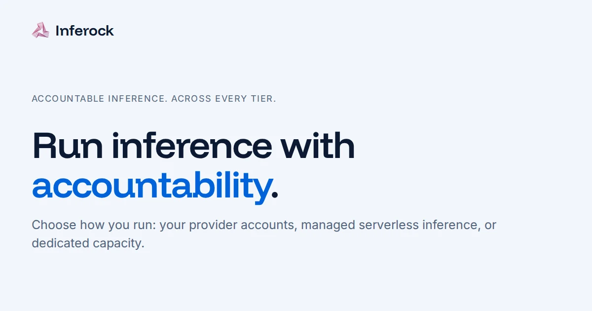 Inferock marketing card on a pale gray background with the Inferock wordmark and pink logo at top left, the line Accountable inference. Across every tier., the headline Run inference with accountability. with accountability in blue, and the text Choose how you run: your provider accounts, managed serverless inference, or dedicated capacity.