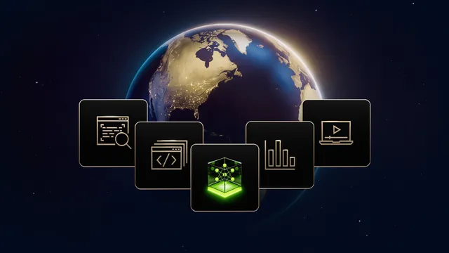 NVIDIA illustration of Earth from space with five tiles: search, code, a green neural-network cube, a chart, and a laptop playing video