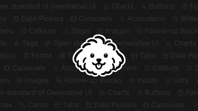 OpenUI social card: a white cartoon dog-face logo on a dark background tiled with faded UI component names such as Charts, Buttons, Forms, Tabs and Date Pickers