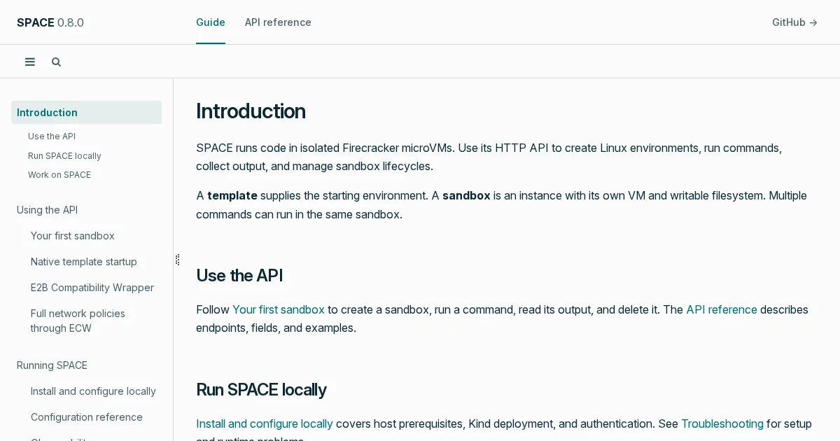 The SPACE 0.8.0 documentation site's Introduction page, which says SPACE runs code in isolated Firecracker microVMs, with a sidebar listing guides such as Your first sandbox and E2B Compatibility Wrapper.