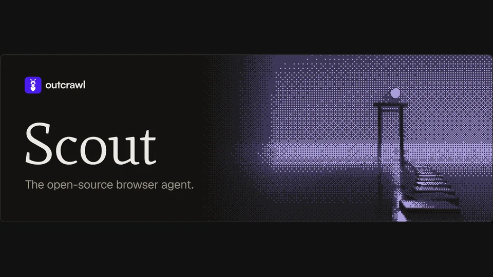 Scout by outcrawl repo banner: "Scout, the open-source browser agent" beside a dithered purple illustration of a pier and lamp post