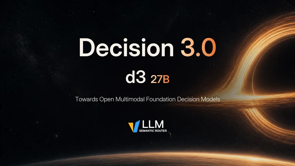 Decision 3.0 banner reading "d3 27B, Towards Open Multimodal Foundation Decision Models" over a glowing orange black hole in space, with the vLLM Semantic Router logo