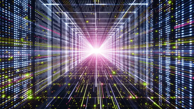 Abstract tunnel of glowing pink, green and white light streaks representing data in a GPU cluster